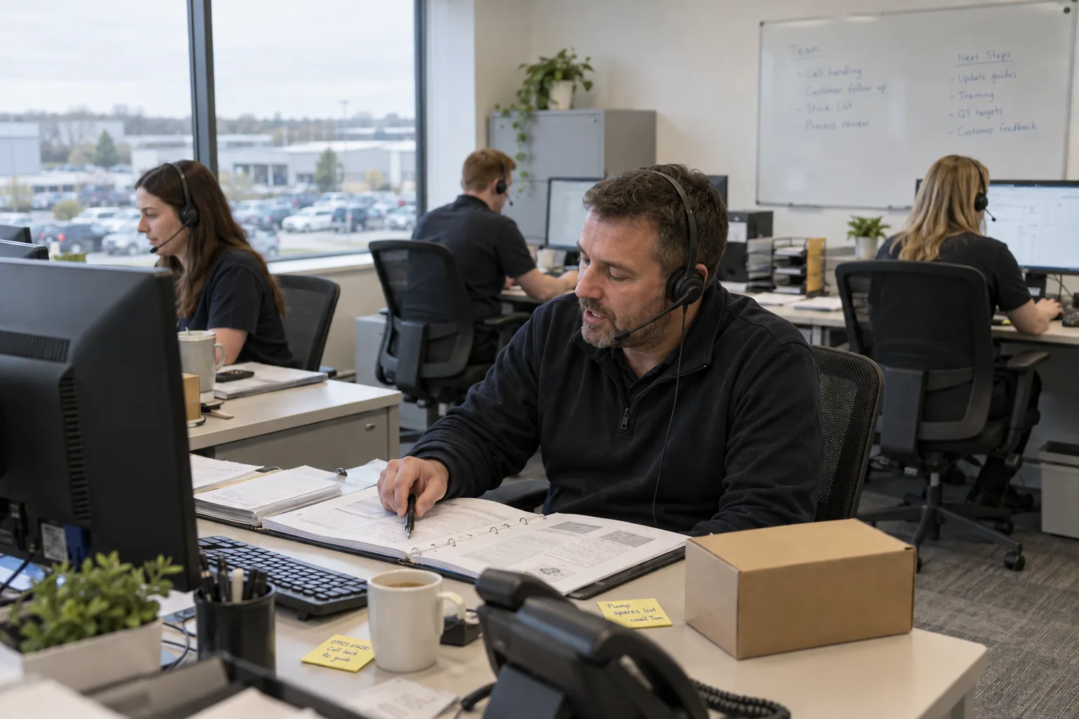 Four technical advisors on calls in an open-plan office. The nearest follows a page of an installation manual with his pen.