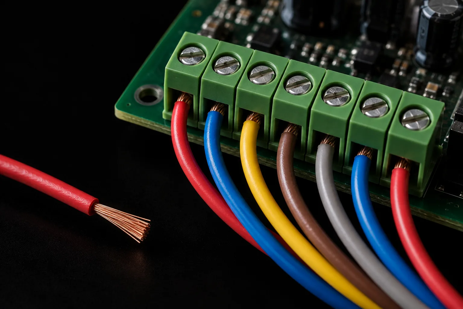 Close view of a terminal block on a circuit board with coloured wires clamped into it