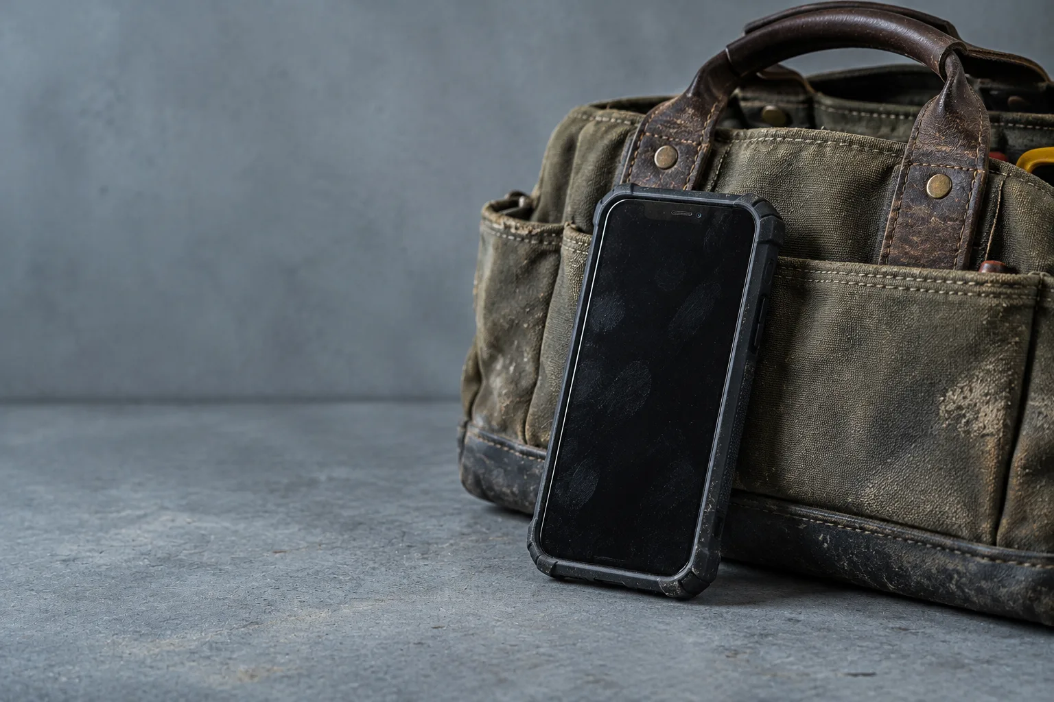 A rugged phone leaning against a worn canvas tool bag