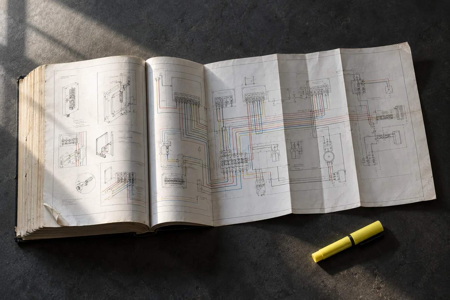 A thick installation manual lying open with a fold-out wiring diagram and a yellow highlighter beside it