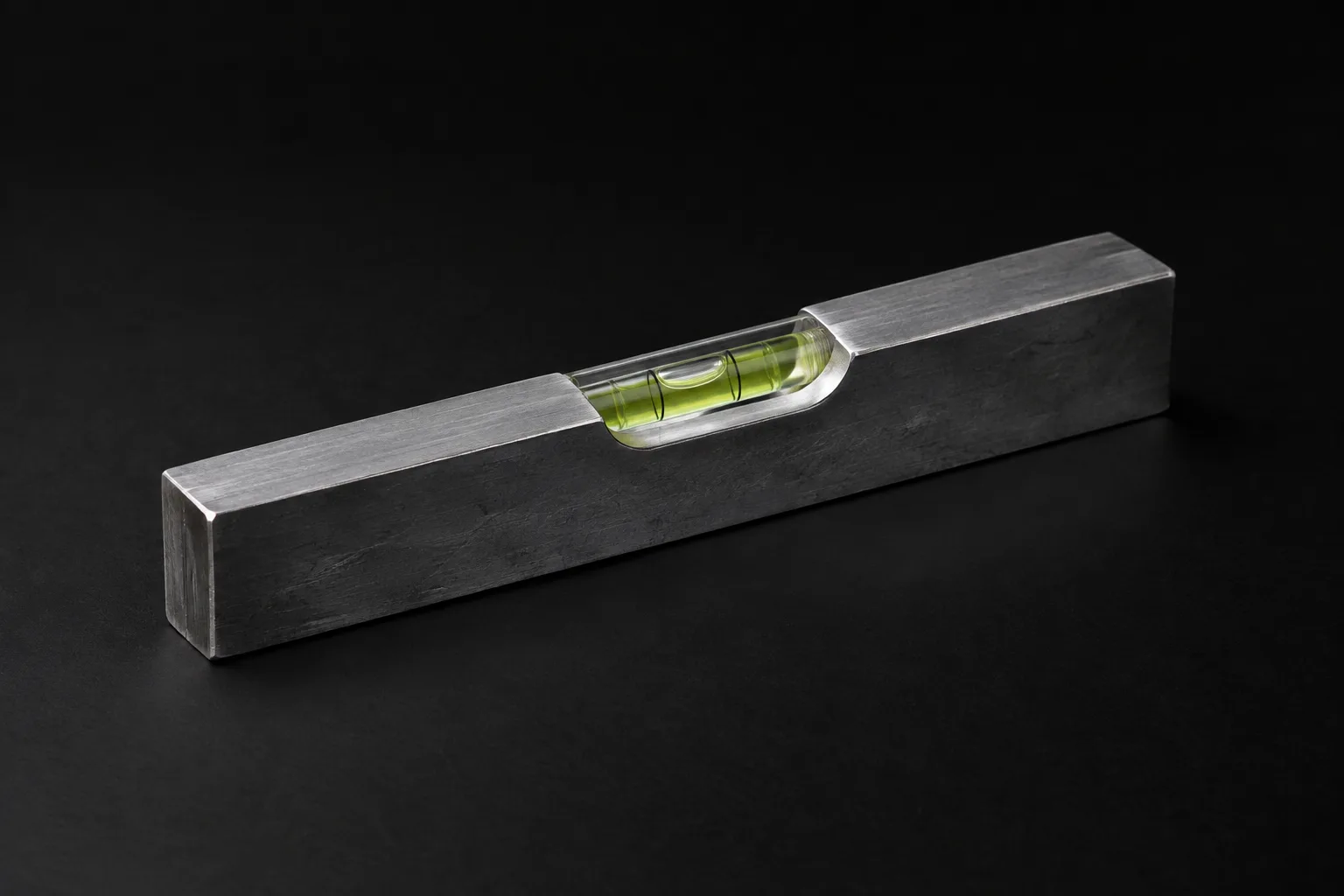 A steel precision spirit level on a black surface, its bubble centred between the lines