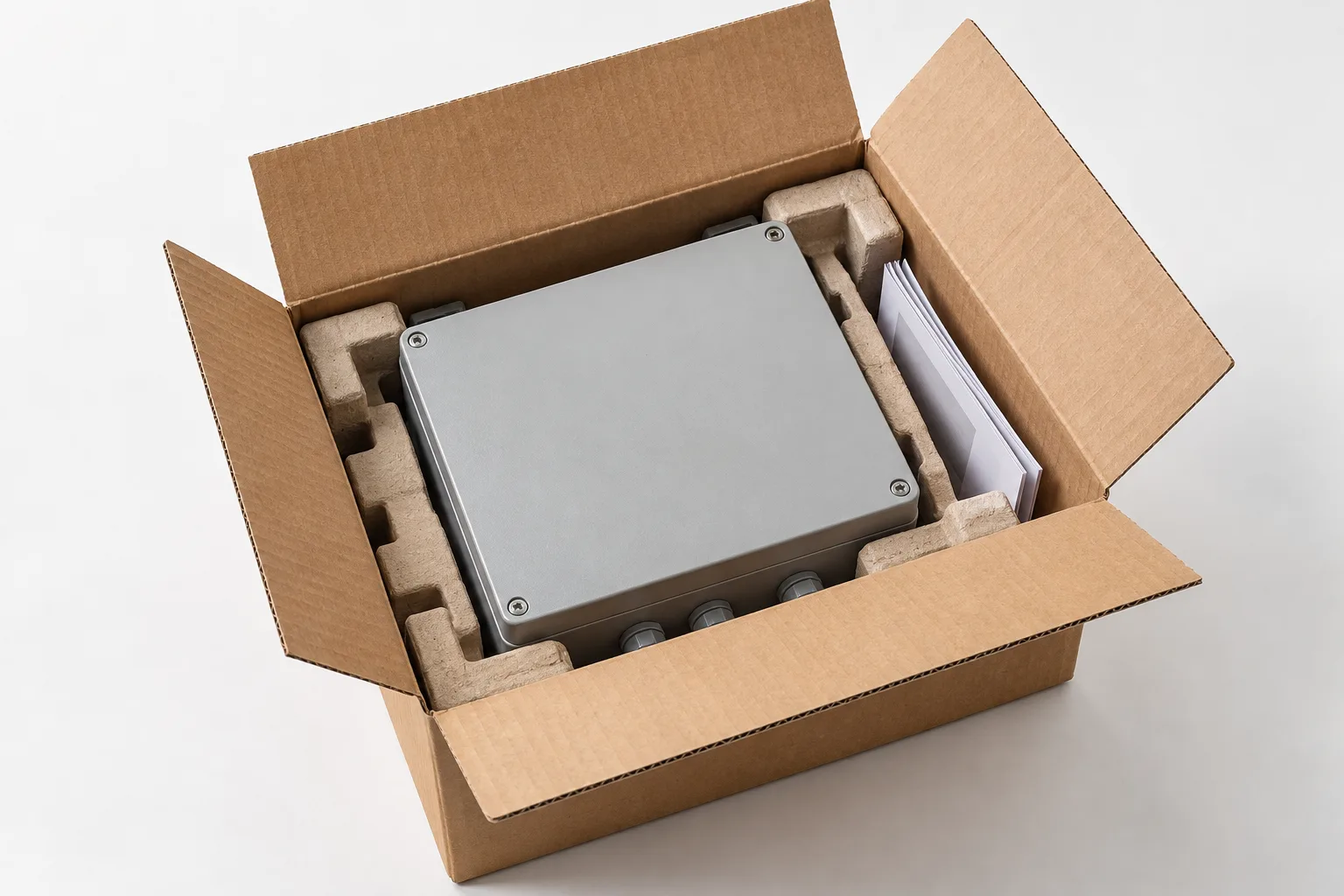 An open cardboard carton with a grey control unit inside, photographed on an off-white ground