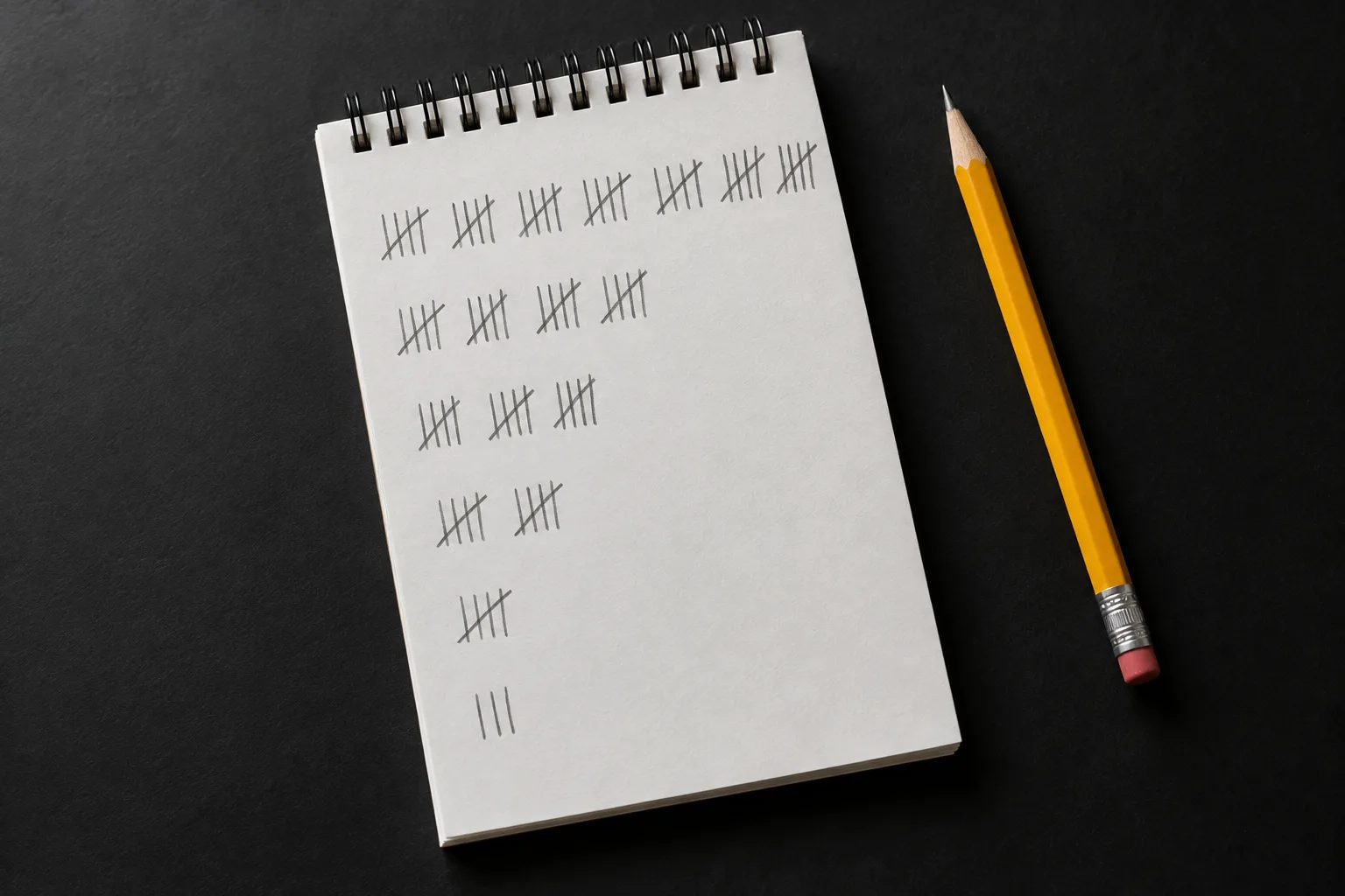 A notepad with six rows of pencil tally marks, the top row the longest, and a pencil beside it on a dark surface