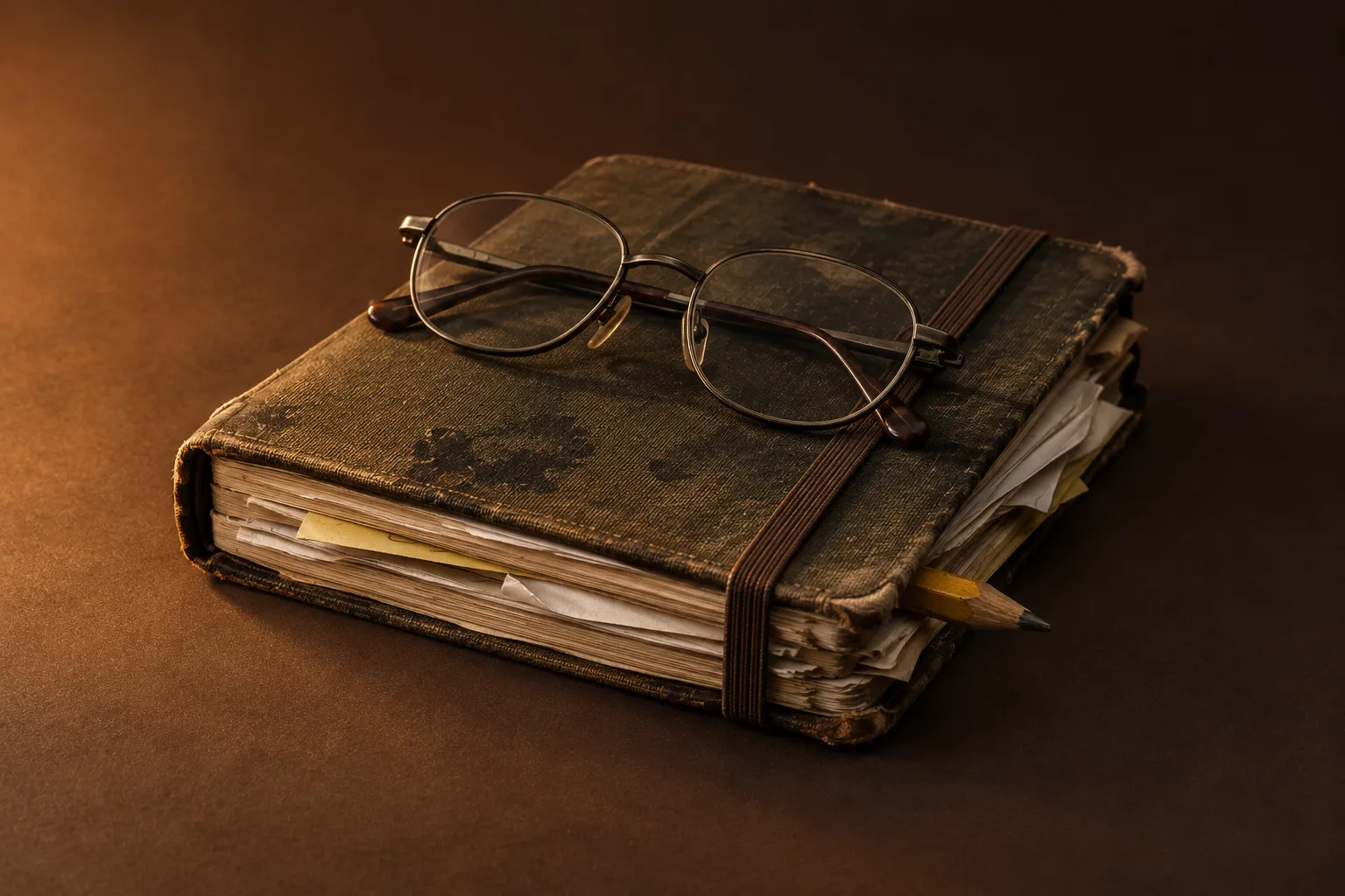 Reading glasses resting on a worn notebook stuffed with loose notes, a pencil tucked into the pages