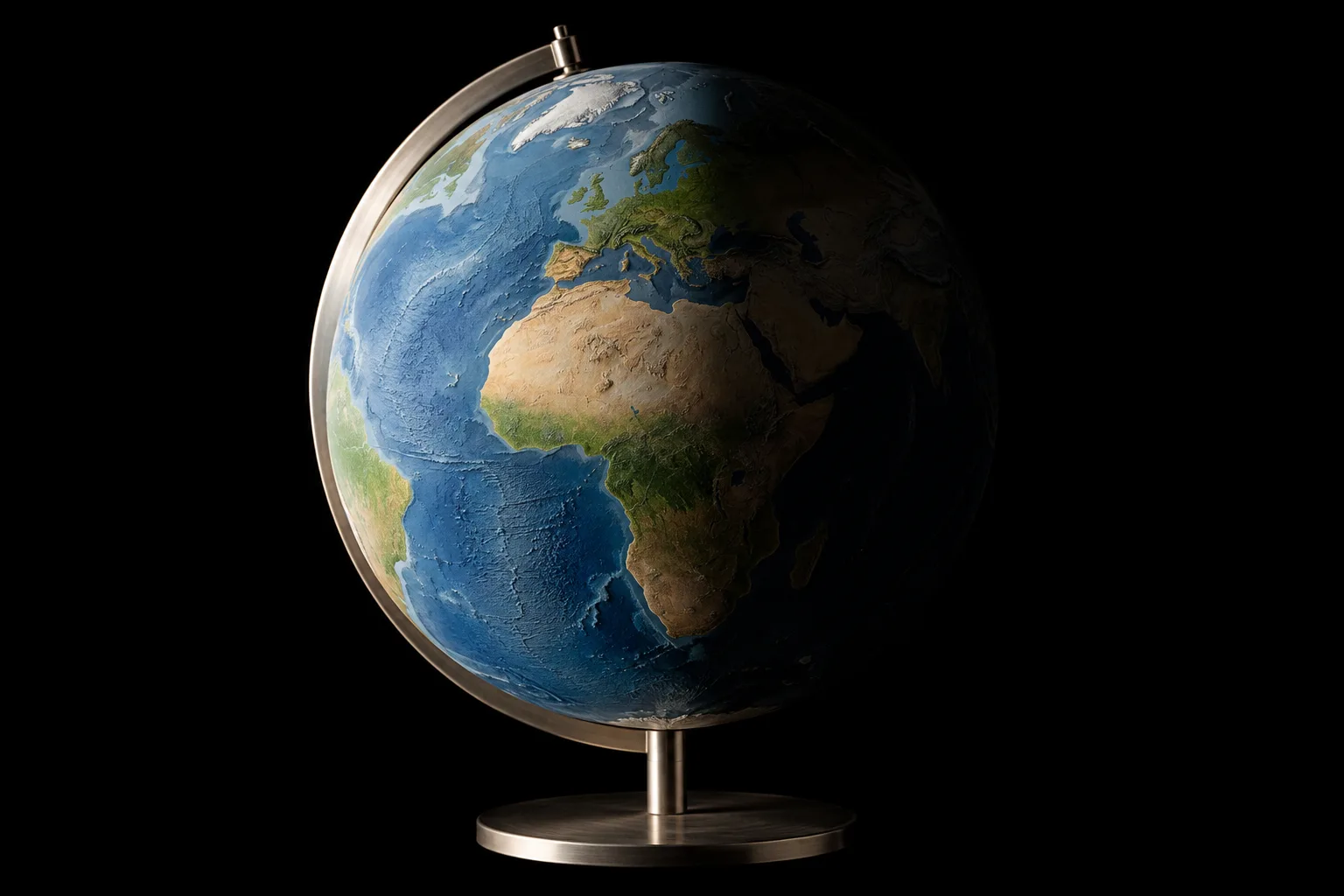 A desk globe lit from one side, half in light and half in shadow, with Europe and Africa on the line between