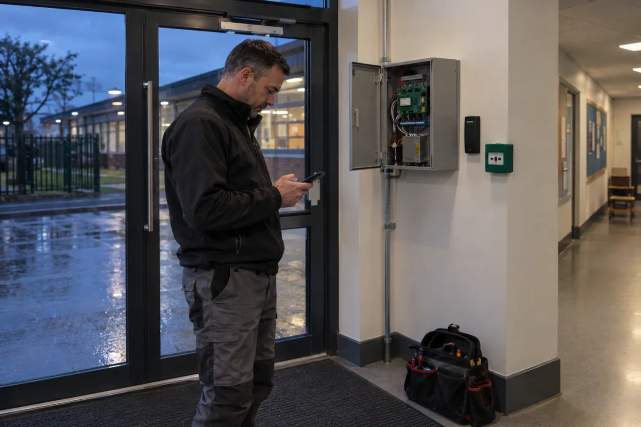 An installer reads his phone in a school entrance lobby beside an open door controller cabinet, a reader and a green emergency door release.
