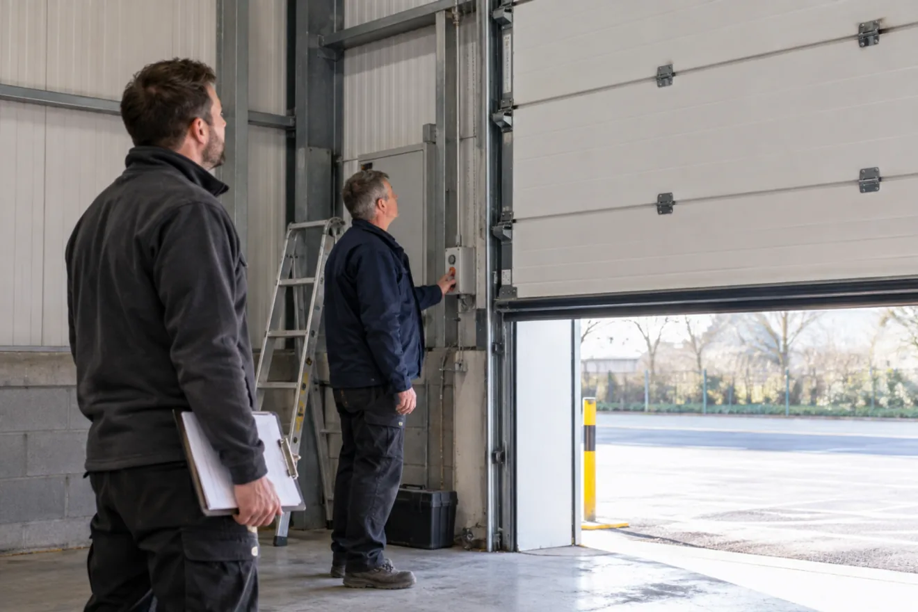 Two door engineers commission a sectional door. One presses the button on the control station while the other, holding a clipboard, watches the door.