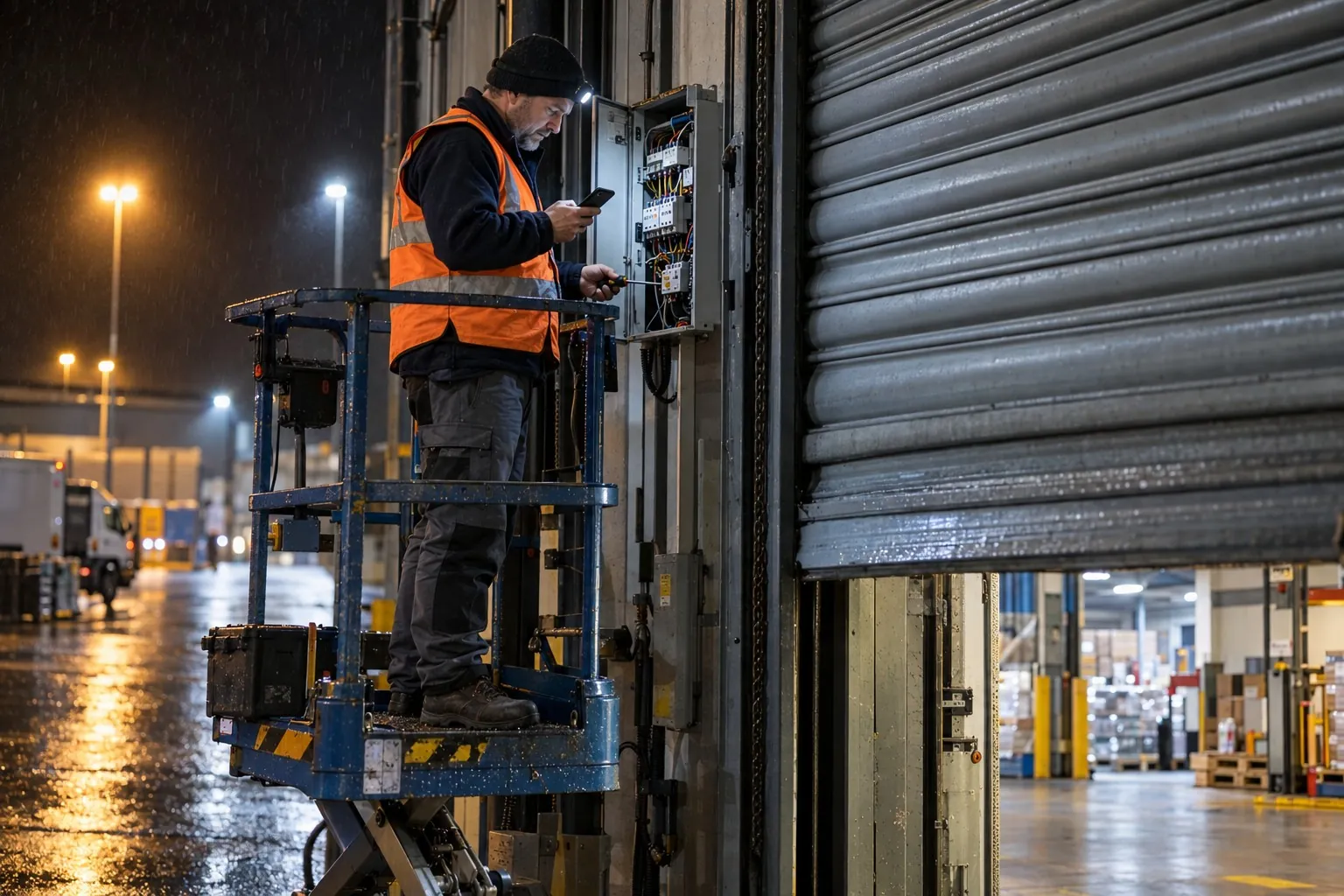 An engineer on a platform at the control panel of a roller shutter at night, reading his phone.