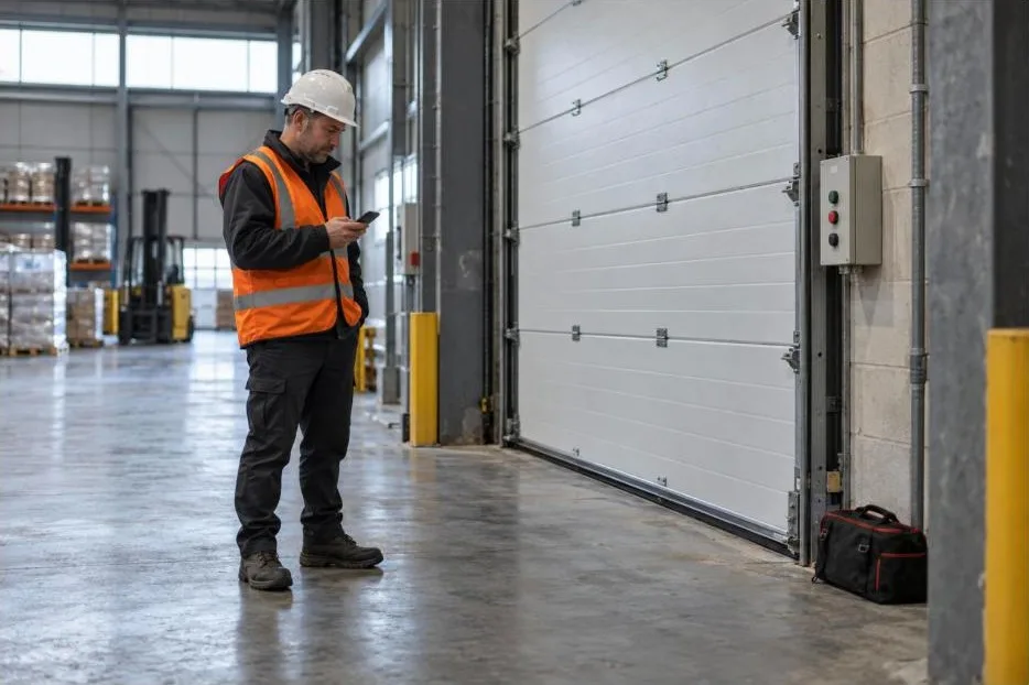 A door engineer in a hard hat and hi-vis vest reads his phone beside a closed sectional door in a warehouse.