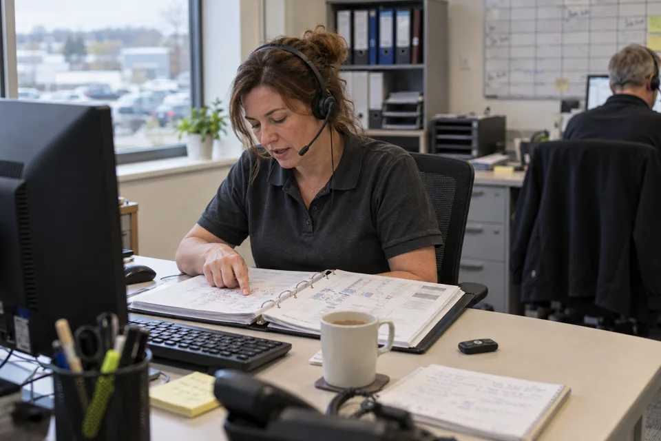 A technical support engineer on a headset with a wiring manual open on her desk.