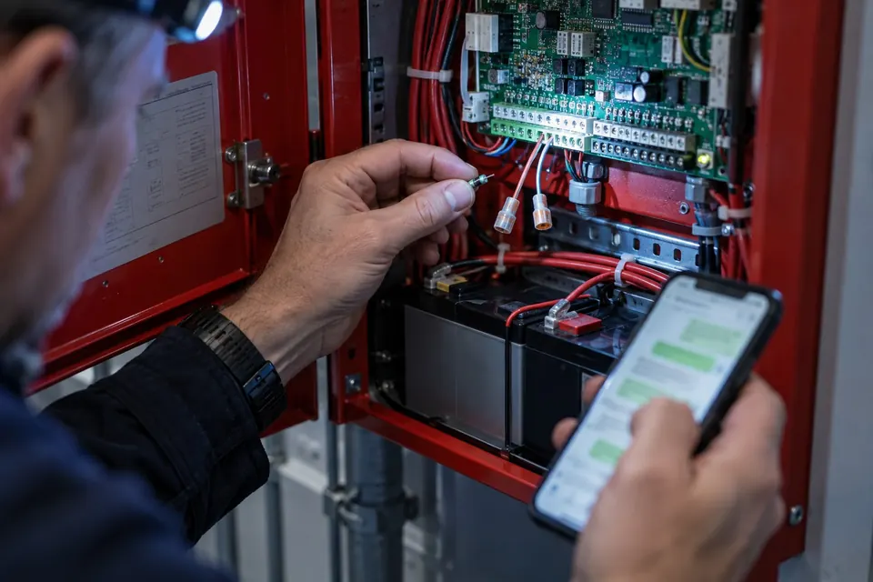 An engineer works inside an open fire alarm panel while reading his phone.