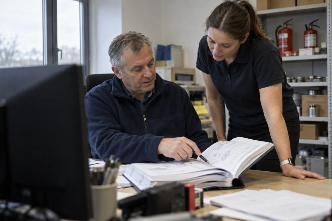 Two technical engineers check a printed installation manual together at a desk.