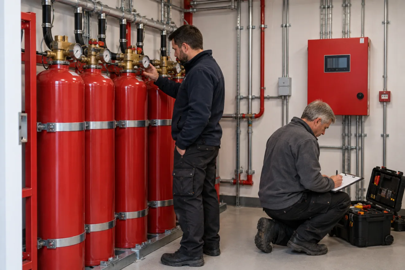 Two fire systems engineers on a service visit in a plant room. One reads a pressure gauge on a bank of red cylinders while the other kneels with a clipboard.