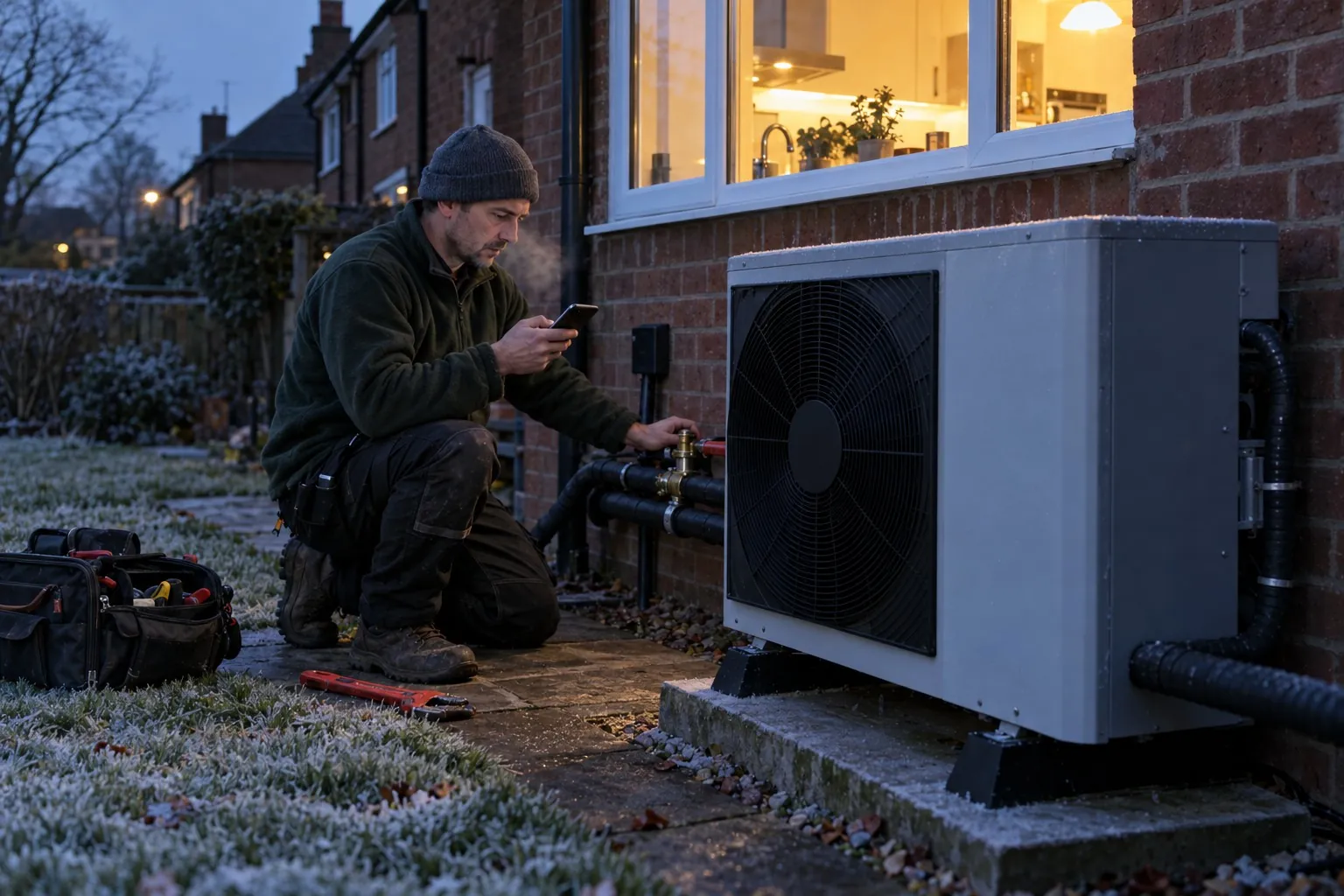 A heating engineer kneels beside an outdoor heat pump unit at dusk, reading his phone.