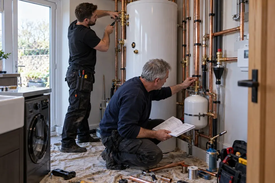 Two heating engineers fit a hot water cylinder in a utility room. One kneels with the printed installation manual open in his hand.