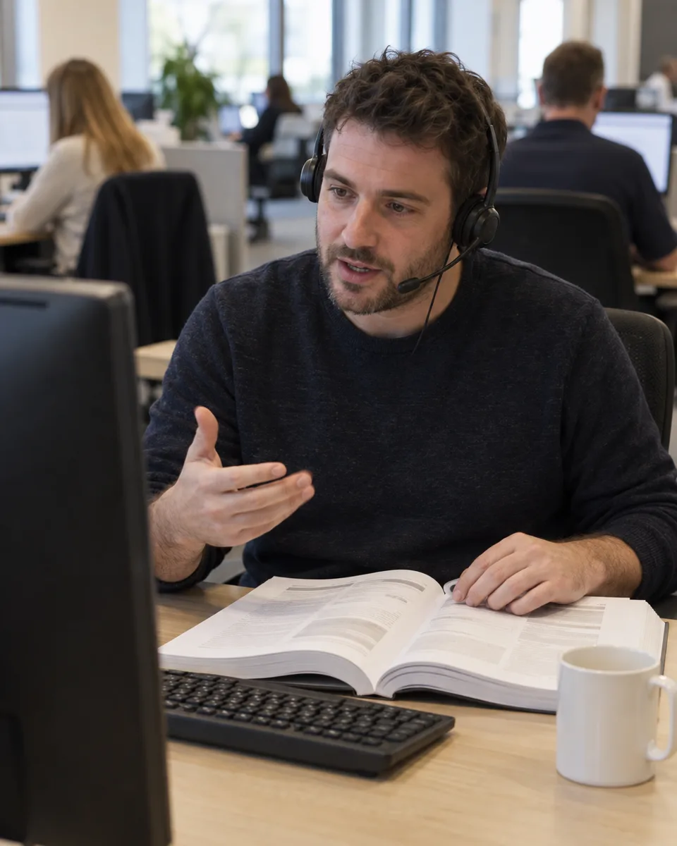 A technical support advisor on a headset explains something to a caller at his desk, with an installation manual open in front of him.