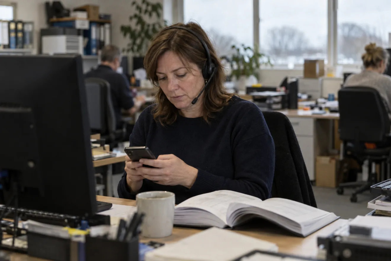 A technical support engineer on a headset replies to a message on her phone, with a printed manual open on the desk.