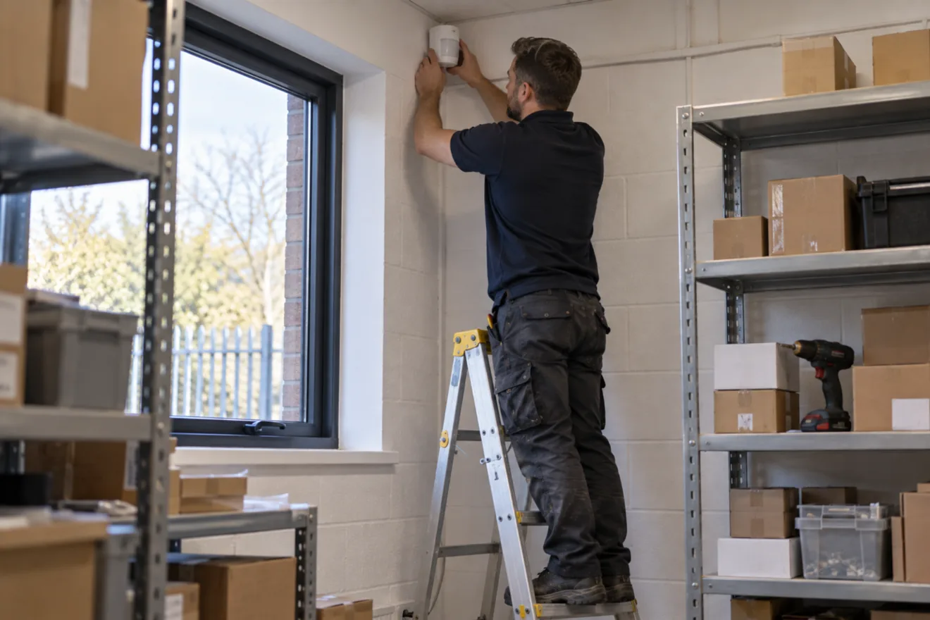 An alarm engineer on a stepladder fits a detector high on the wall of a stockroom.