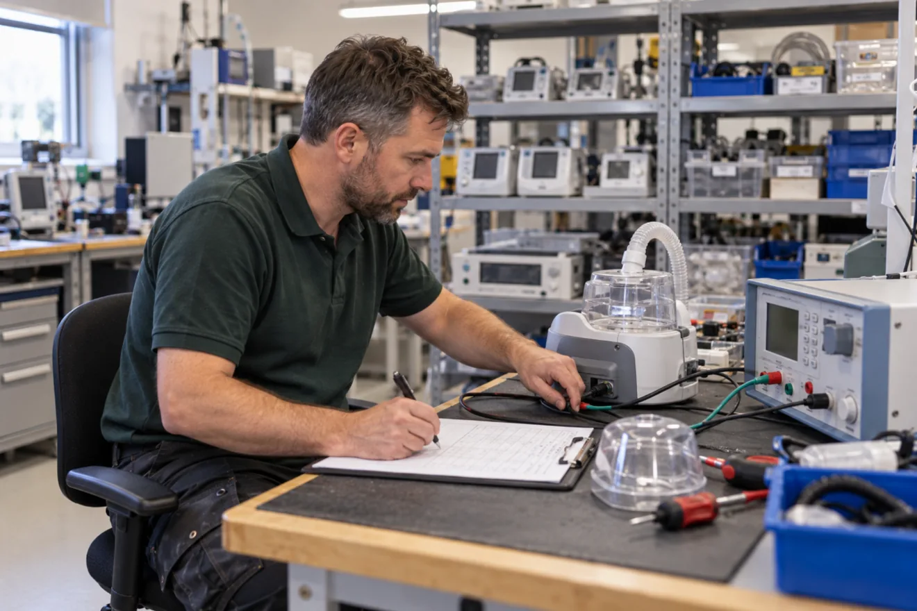 A service technician at a workshop bench tests a device with an electrical safety analyser and fills in a test record.