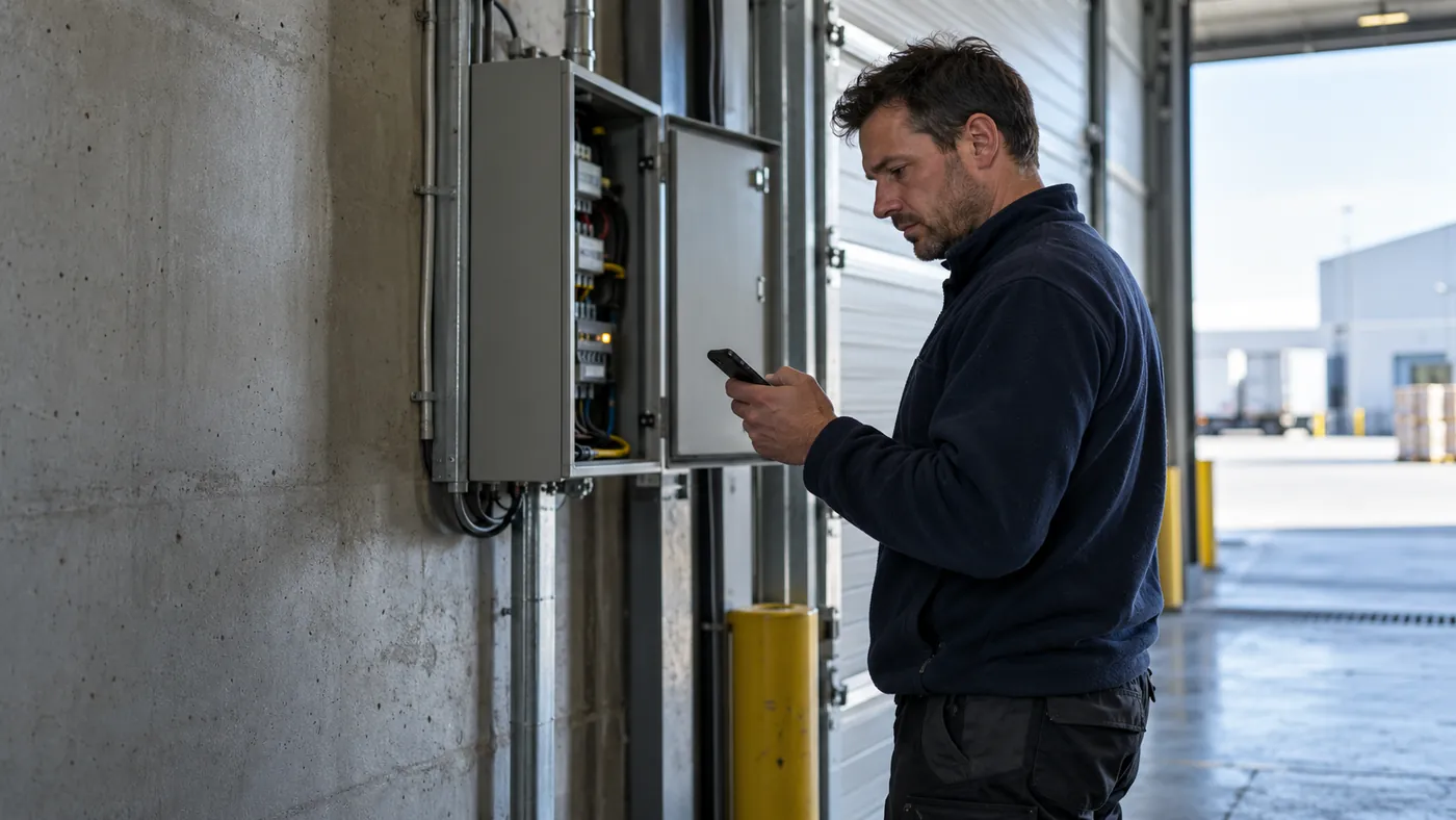 An installer reads his phone in front of an open control panel.