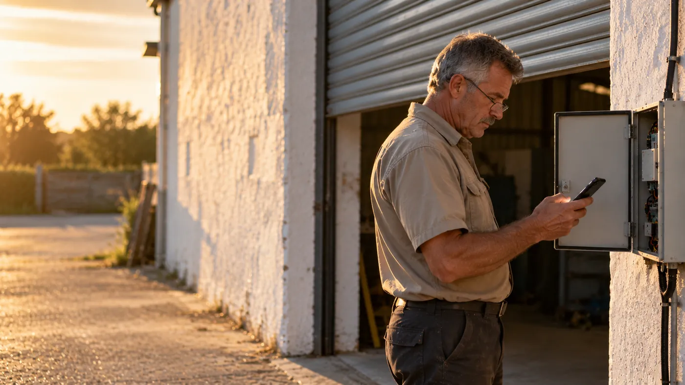 An engineer checks his phone beside an open cabinet at a workshop door.