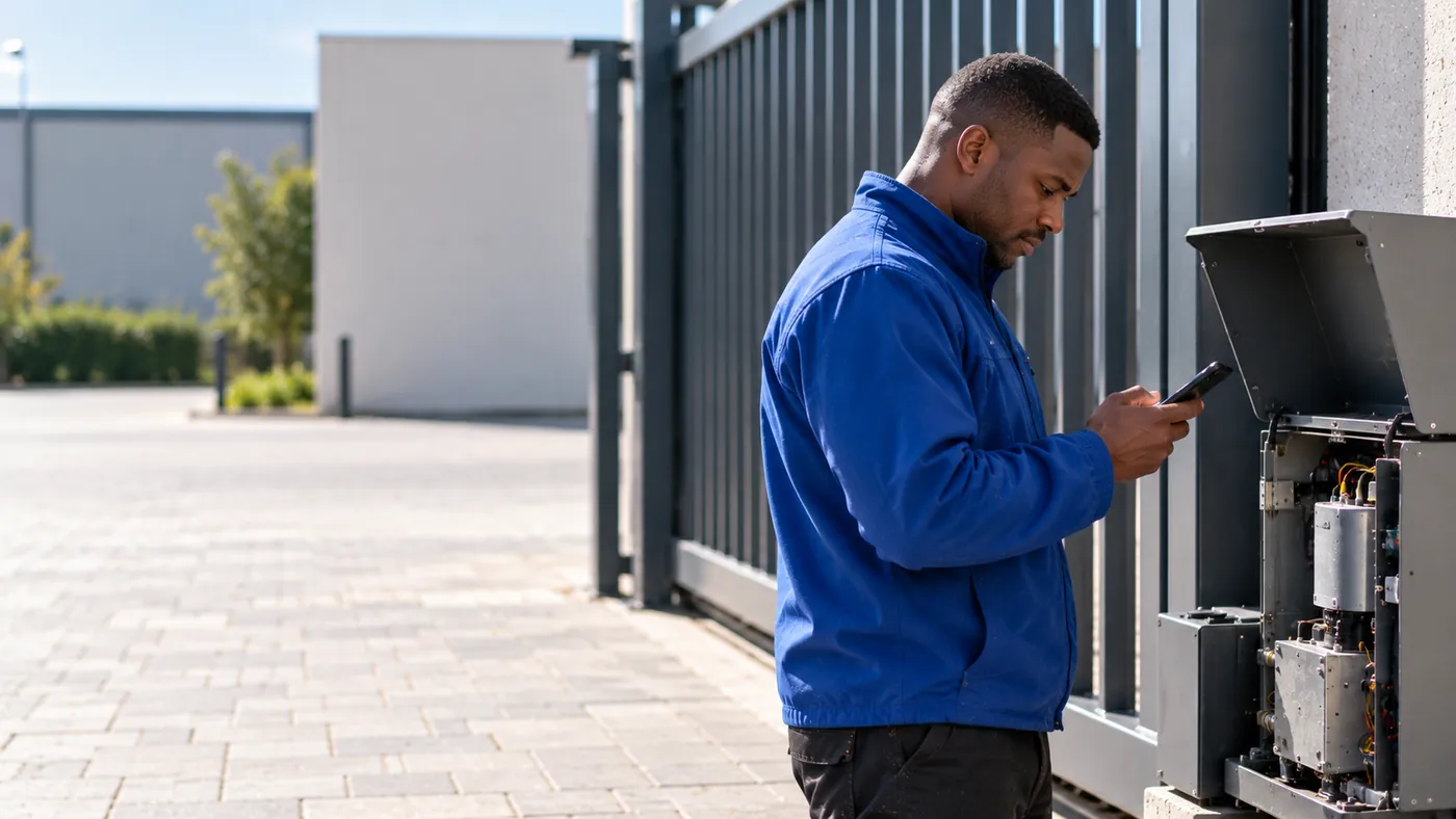 A technician reads his phone next to an open gate drive unit.