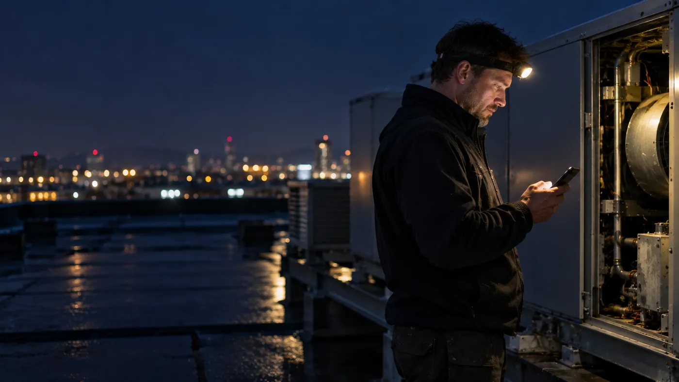 A technician on a rooftop at night reads his phone by head torch.