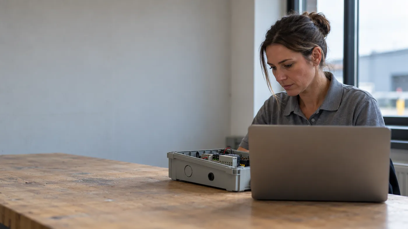 A support engineer works at a laptop with a control unit open on the bench.