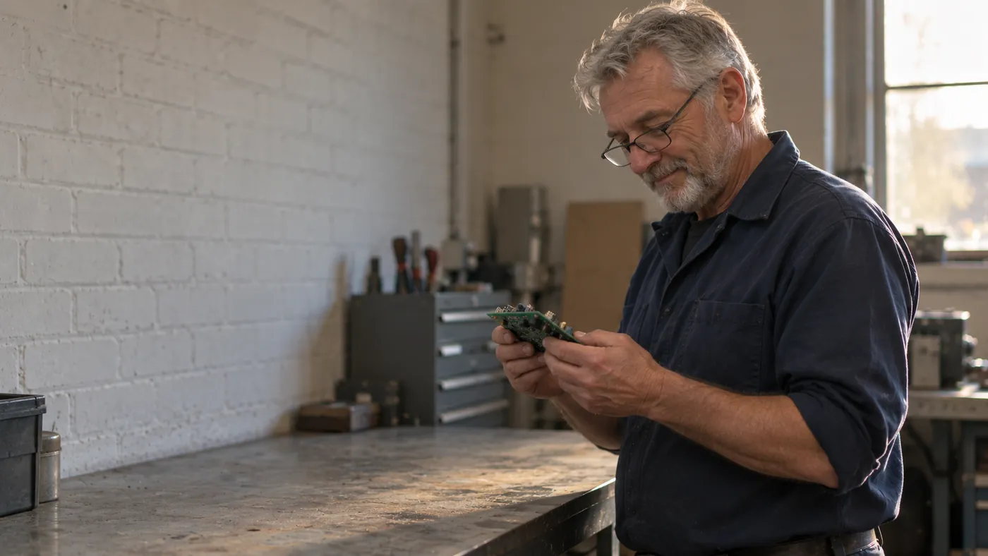 A senior engineer inspects a circuit board in a workshop.