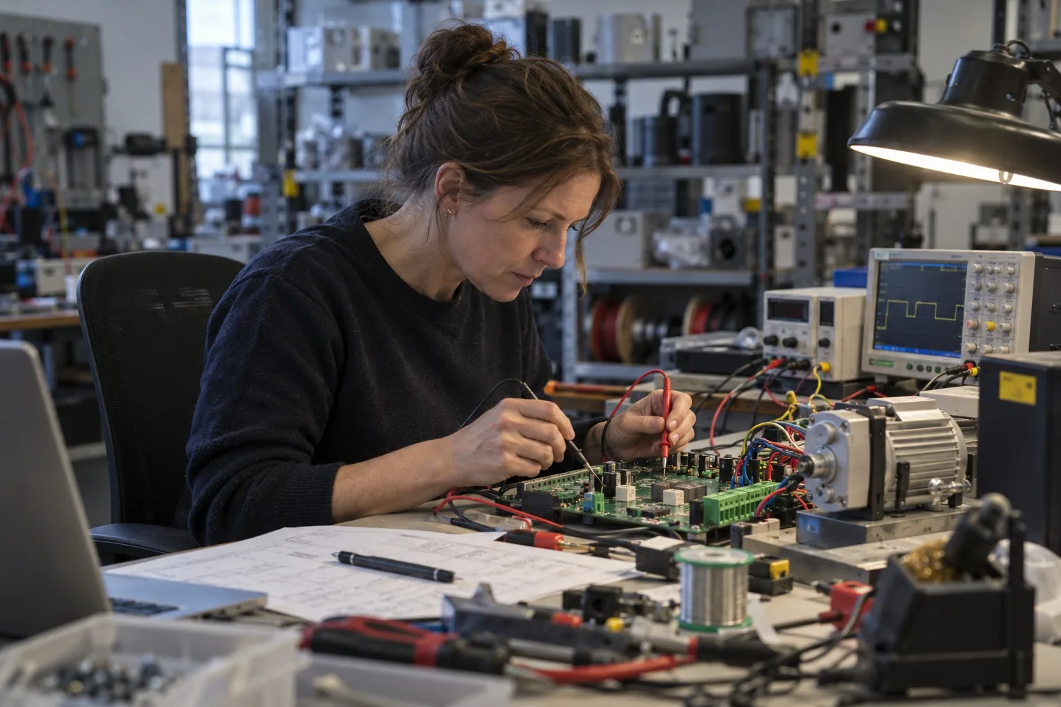 A development engineer at an electronics bench tests a circuit board with two probes.