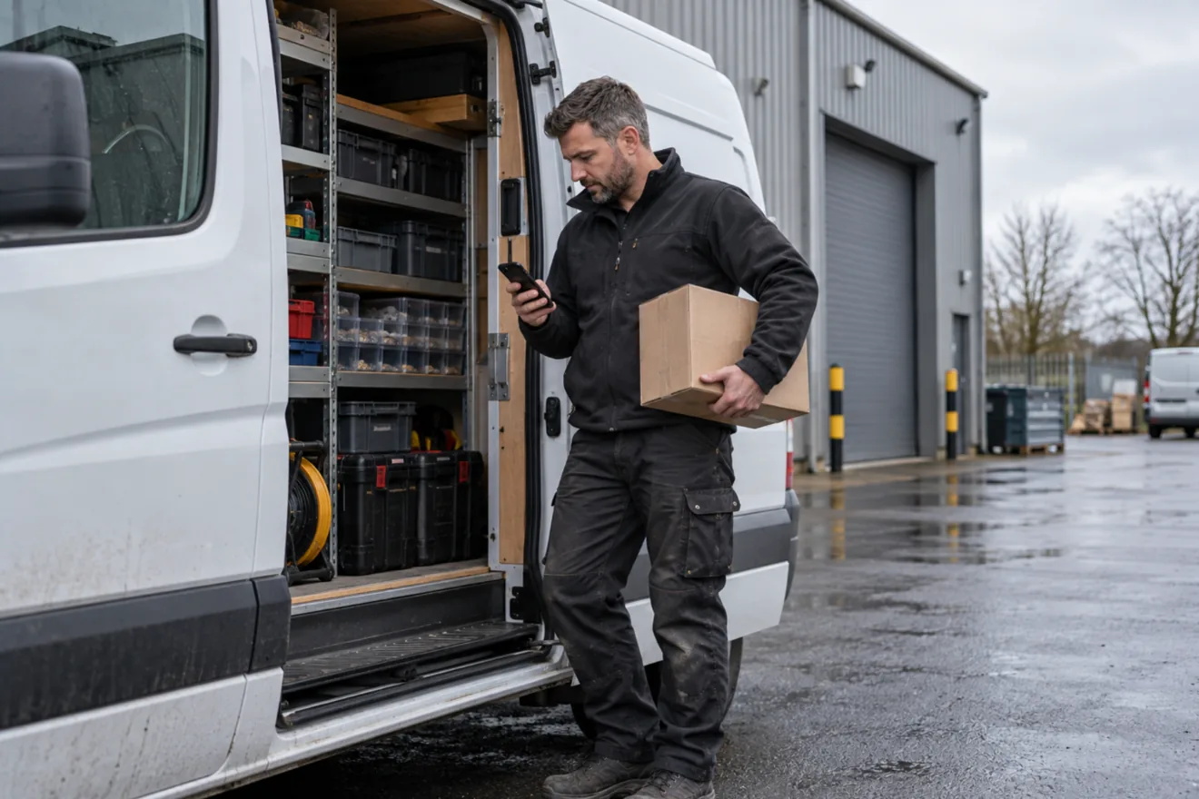A service engineer stands at the open side door of his van outside an industrial unit, reading his phone with a boxed part under his arm.