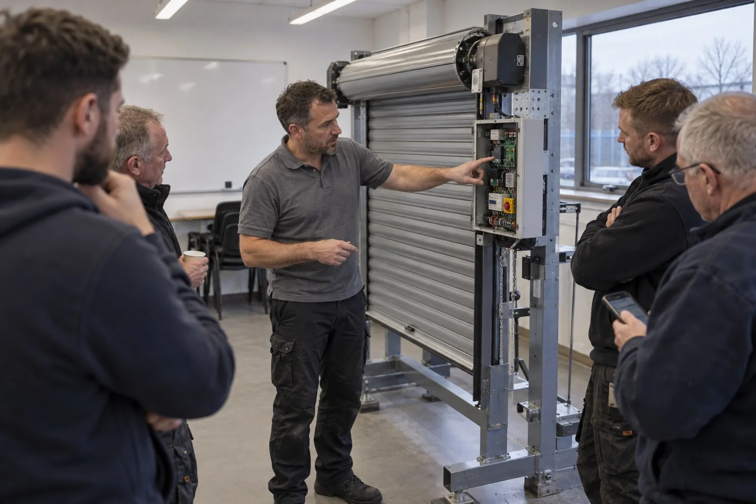 A trainer points to the control panel of a roller shutter on a training rig while four installers stand round and watch.