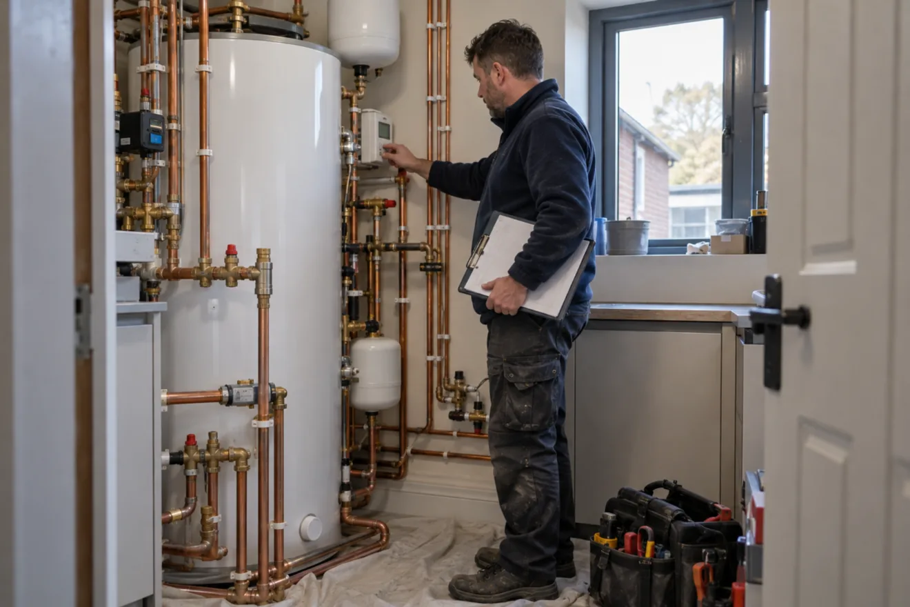 An engineer stands at a newly installed control panel with the commissioning checklist on a clipboard, reading his phone.