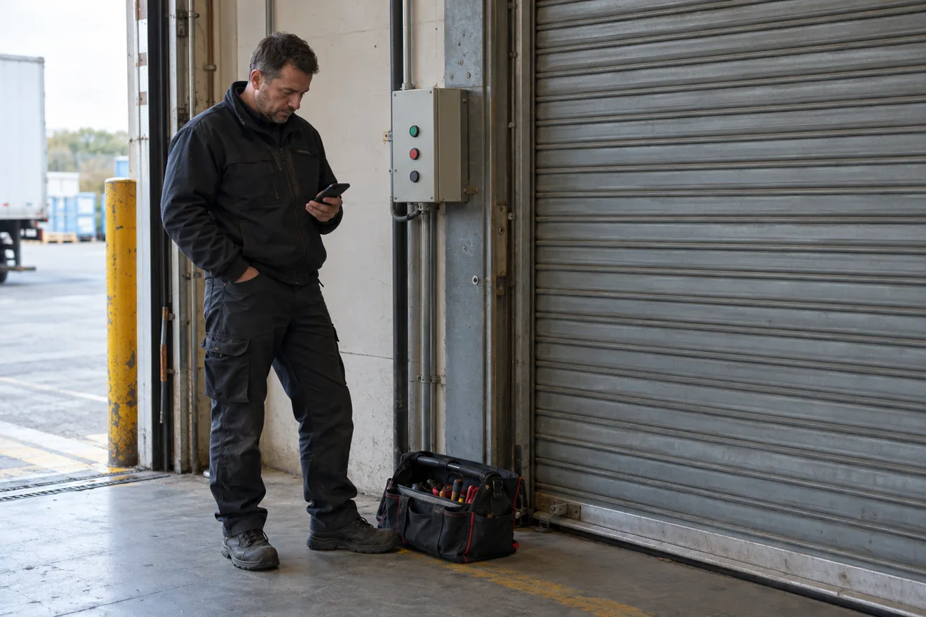 A service engineer stands beside an industrial roller shutter door and its wall-mounted control box and reads his phone, with a tool bag open on the floor.