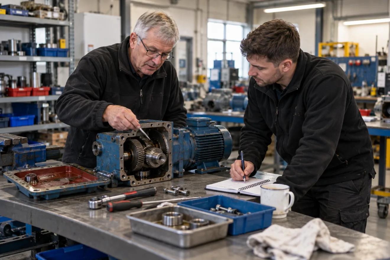 An older engineer points with a pen at an opened gear unit on a workbench while a younger colleague takes notes.