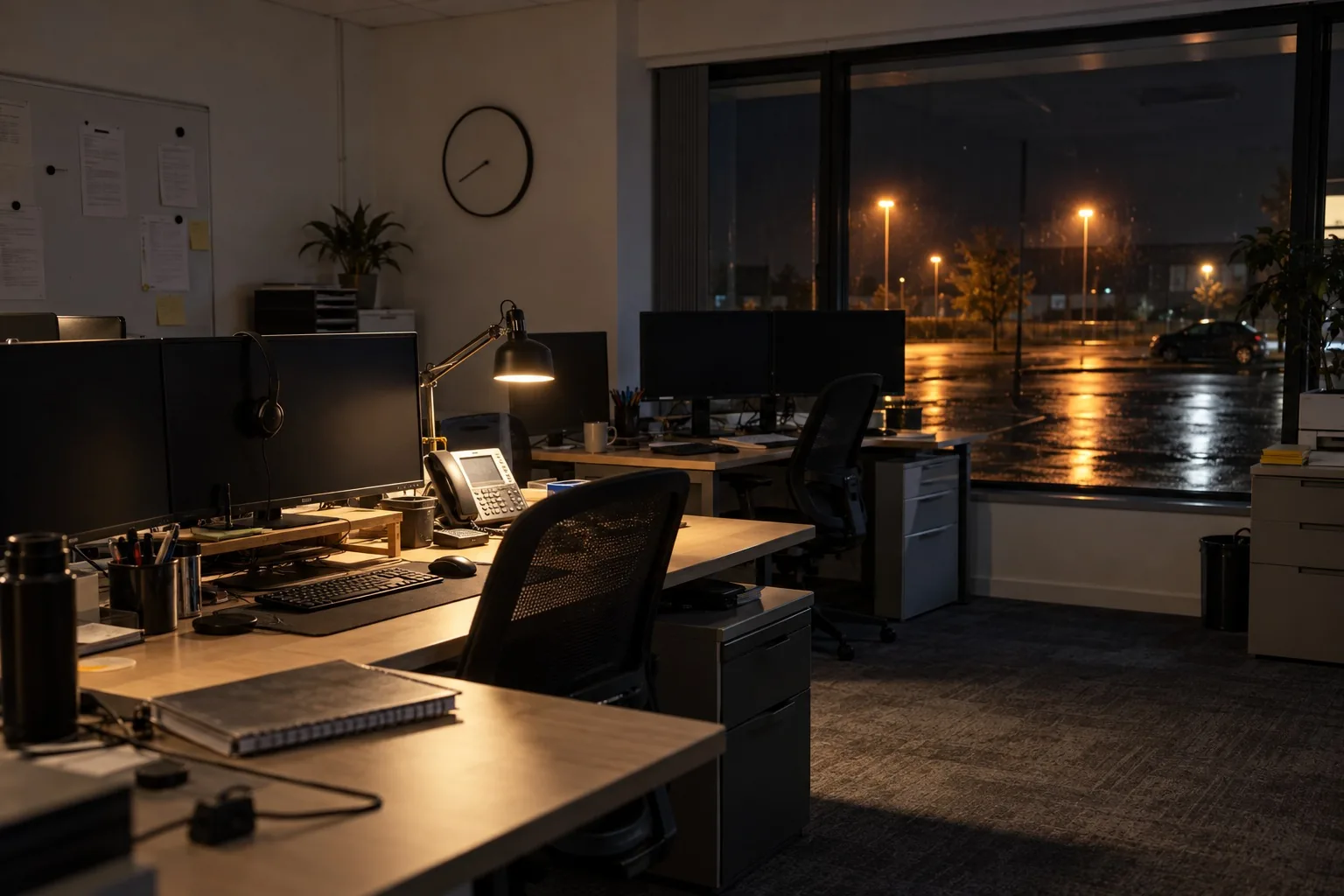 An empty technical support office at night, with a desk lamp left on and a wet car park outside the window.