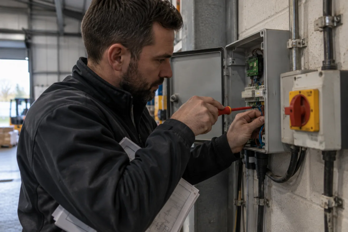 An installer terminates a cable in the terminal strip of an open control box with a screwdriver, with the wiring diagram open beside him.