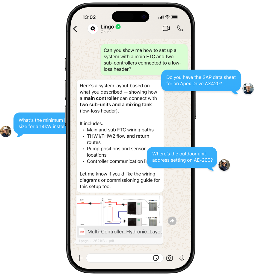 Lingo WhatsApp troubleshooting demo showing installers asking technical questions and receiving instant structured answers